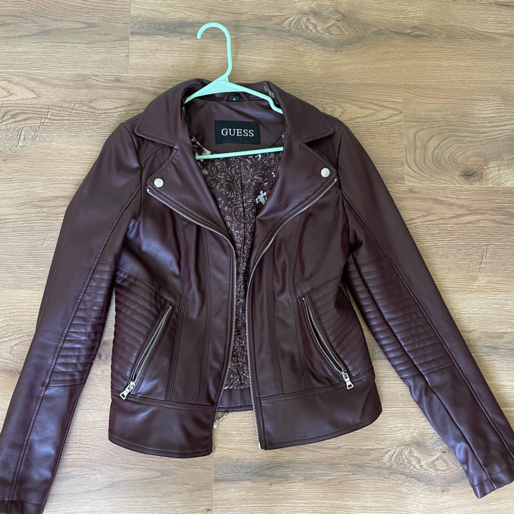 Guess burgundy leather jacket with detachable hood